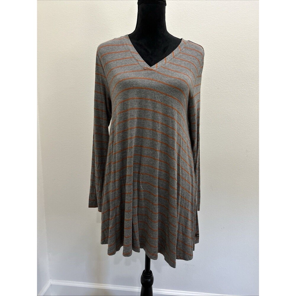 Matilda Jane Women Sz M Windsong Tunic V Neck Long Sleeve Gray Orange Strips